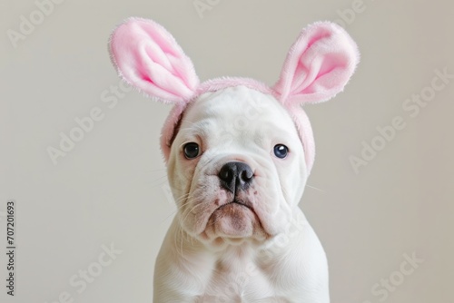 Quizzical Bulldog Puppy with Bunny Ears. A white bulldog puppy with a quizzical expression wears oversized pink bunny ears.