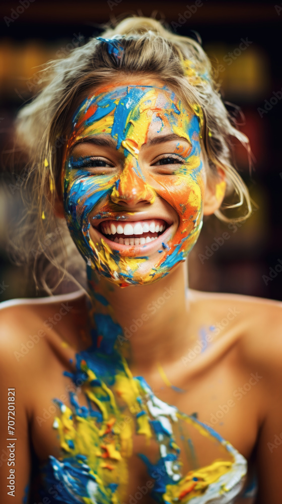 Radiant smile on a young woman with vivid face and body paint. Radiant smile on a young woman with vivid face and body paint.