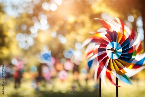 A homemade pinwheel spinning in the wind, with a blurred background of a sunny day.