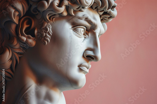 Gypsum statue of David's head, Michelangelo's David statue plaster copy on pastel pink background. Ancient Greek sculpture, statue of hero, copy space for text