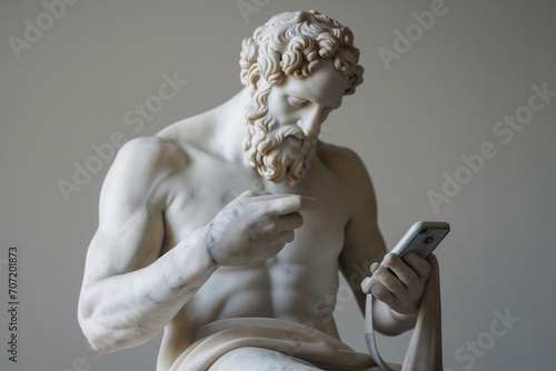 Ancient Greek god sculpture holding a smartphone. Statue of a hero scrolling social media. Doomscrolling, mental health, digital wellness concept. Bad habits, consuming information, reading news. photo