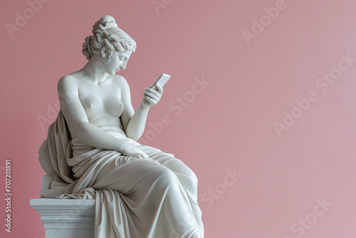 Ancient Greek goddess sculpture holding a smartphone. Female marble statue scrolling social media. Doomscrolling, mental health, digital wellness, time loss concept. Bad habits, reading news. photo