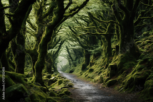Mystical Forest Path With Moss-Covered Trees