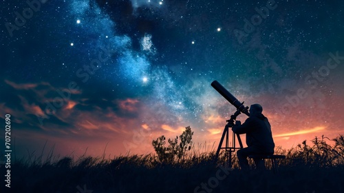 Silhouette of a man looking at the starry sky at night or evening through the optical telescope tripod astronomical instrument. Male person observing galaxy cosmos, stargazing, planets