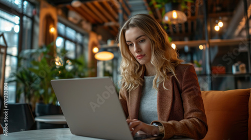 Russian businesswoman use a laptop in the modern office