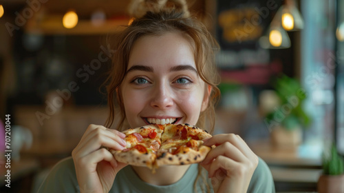 she is eating pizza