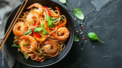 Tasty appetizing pasta spaghetti with pesto sauce and shrimps served in bowl on dark background. Top View with Copy Space.