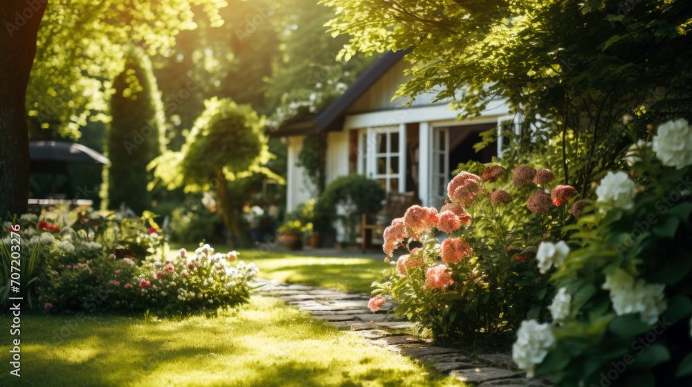 Idyllic cottage with lush flower garden in golden sunlight.