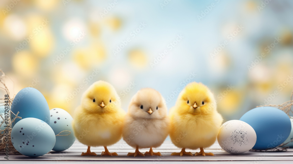 Two fluffy yellow chicks are standing among decorated eggs on a blue surface