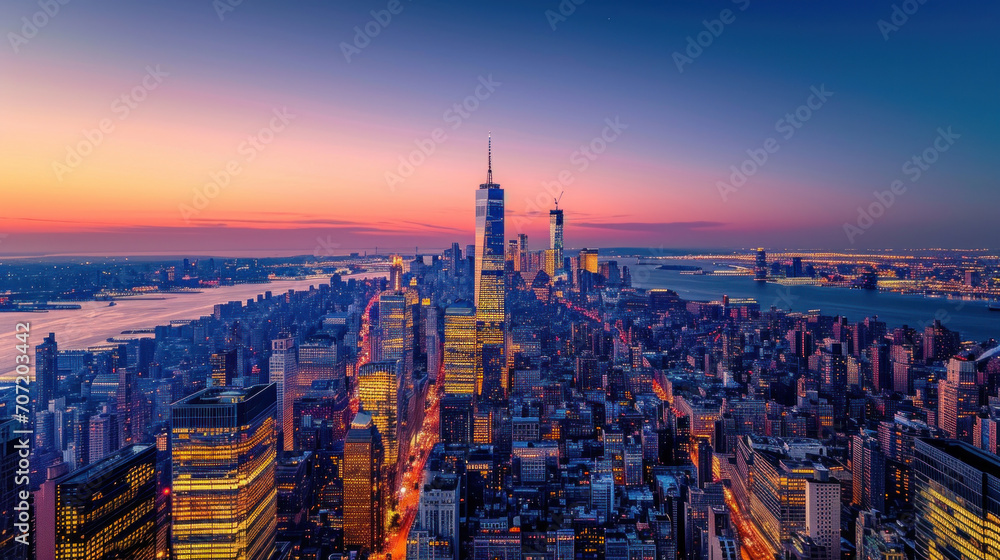 Fototapeta premium Aerial view of New York City skyline at night