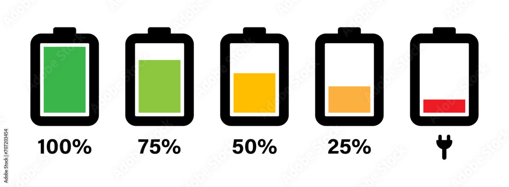 Charging battery icon set with 0,% 25%, 50%, 75%, 100% indicator in black and white. Vector battery power icon powerfully charged. Battery icon set 0% to  100% in colorful style. Vector illustration. - obrazy, fototapety, plakaty 