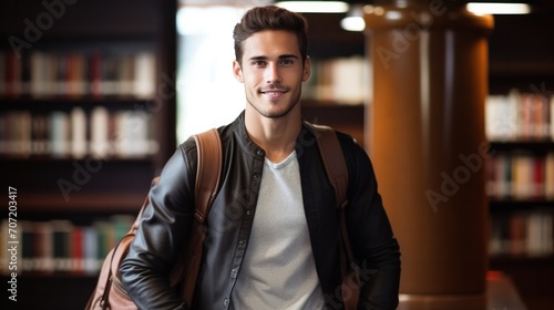 Handsome Smile student man with backpack and books in library, education, university, cheerful, college, happy, standing, school, backpack, attractive, enjoyment, confidence