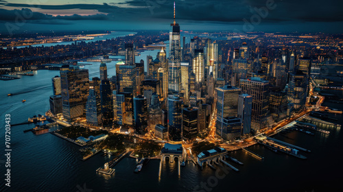 Aerial view of New York City skyline at night © EmmaStock