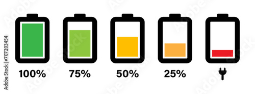 Charging battery icon set with 0,% 25%, 50%, 75%, 100% indicator in black and white. Vector battery power icon powerfully charged. Battery icon set 0% to 100% in colorful style. Vector illustration.