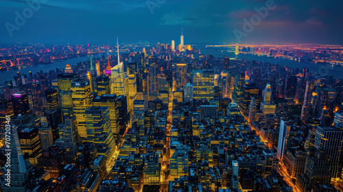 Aerial view of New York City skyline at night