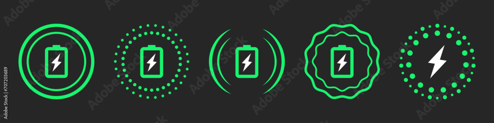 fast charging symbol icon set of five designs. Wireless charger concept. Wireless charging icons in green color. Phone charge simple signs. Vector illustration. fast charging symbol icon set of five designs. Wireless charger concept. Wireless charging icons in green color. Phone charge simple signs. Vector illustration.