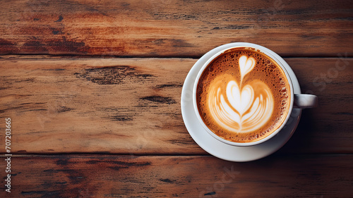 horizontal image of a cappuccino on a wooden table, view from above AI generated