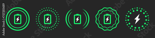 fast charging symbol icon set of five designs. Wireless charger concept. Wireless charging icons in green color . Phone charge simple signs. Vector illustration. photo