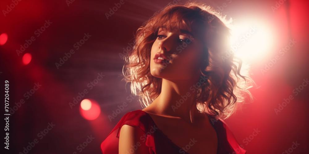 Portrait of a young beautiful curly-haired girl, wearing a red dress on stage, in red light. High quality photo Portrait of a young beautiful curly-haired girl, wearing a red dress on stage, in red light. High quality photo