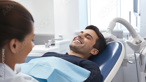 Patient with a bright smile sitting in a dental chair, looking up at a dentist who is examining him