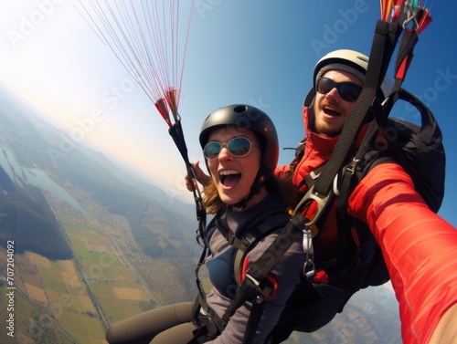 Happy women enjoy free fall with an experienced parachuting instructor, tandem jumping