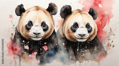 Two cute pandas are looking ahead. close up illustration of a panda bear's face. Generative Ai