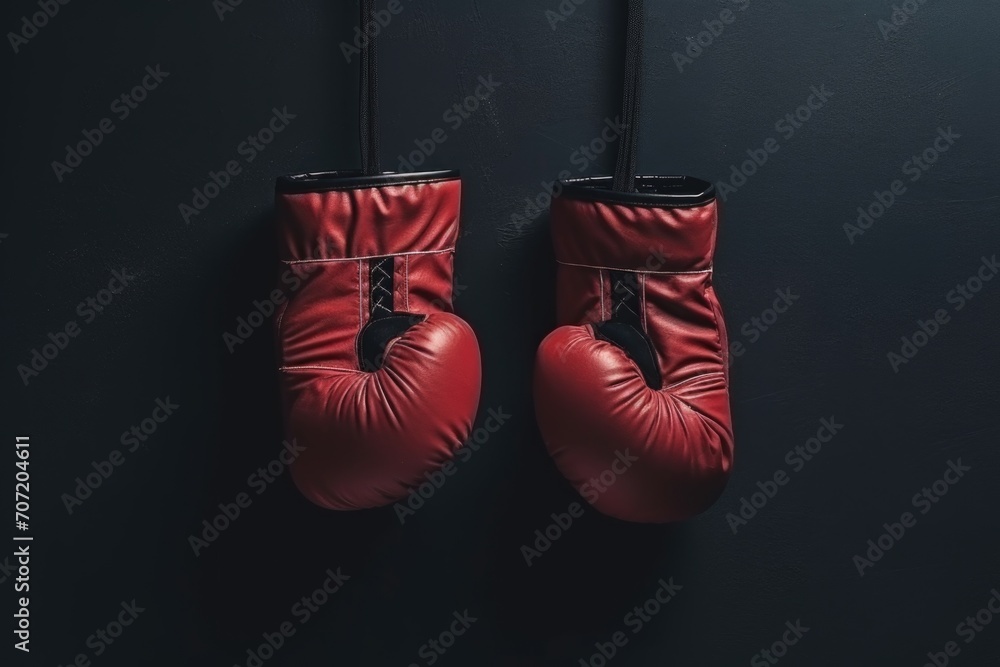 Close up photo of boxing gloves hanging against a dark background