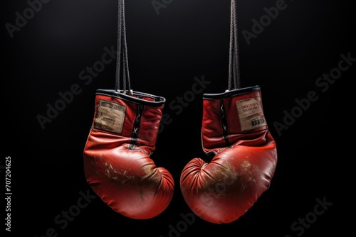 Close up photo of boxing gloves hanging against a dark background © Instacraft.Studio