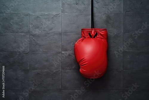 Close up photo of boxing gloves hanging against a dark background © Instacraft.Studio