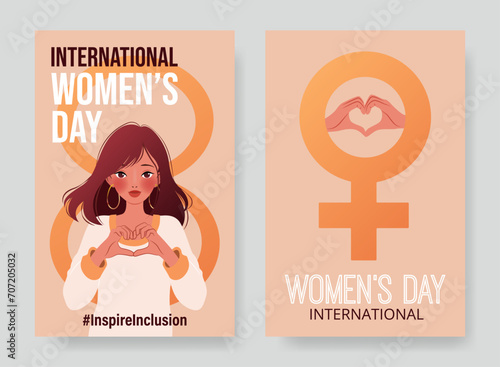 Inspireinclusion. 2024 International Women's Day vertical banners set. Cartoon woman showing sign of heart. Female sign of Venus. Design for poster, campaign, social media post. Vector illustration.