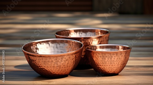 Copper bowl set with a shiny, hammered exterior generative ai