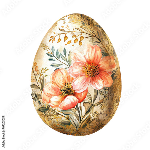 Watercolor illustration of golden easter egg in vintage style with flowers, cut out - stock png. © Mr. Stocker