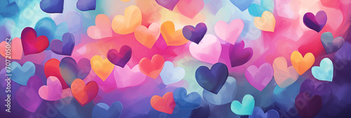 Valentines day watercolor abstract hearts background banner, art aquarelle painting illustration. Panoramic web header with copy space. Wide screen wallpaper.