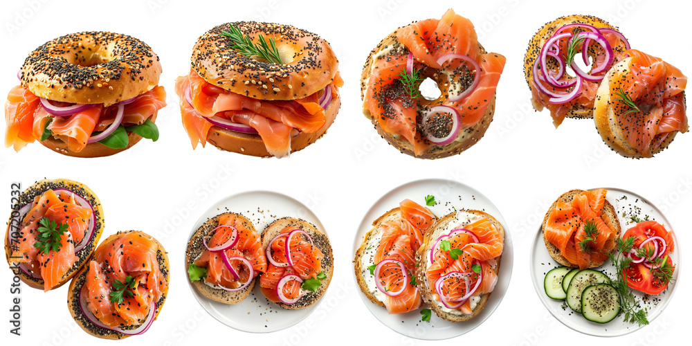 Bagel and lox collection mockup in 3d png transparent for decoration. Created using generative AI.