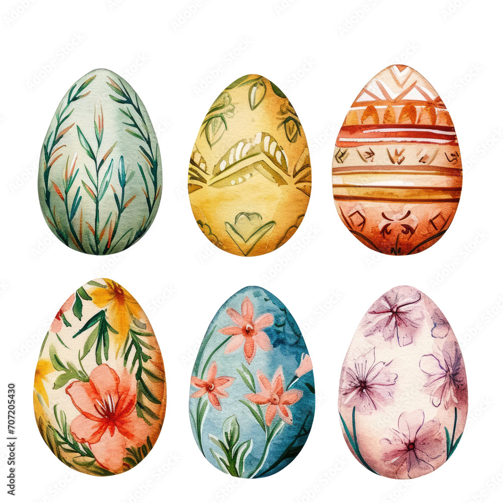 Set of watercolor Easter eggs in vintage style, cut out - stock png.