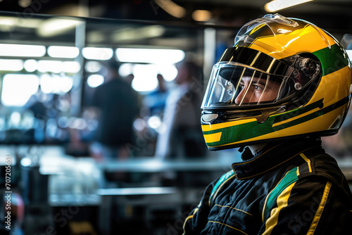 Close up photo of a racer wearing a helmet as protection photo