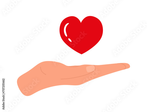 Vector icon Heart in hand, flat style illustration. Hand holding red heart. Health, medicine symbol. Healthcare concept. Colored cartoon illustration for symbol, sign, logo design. Vector illustration