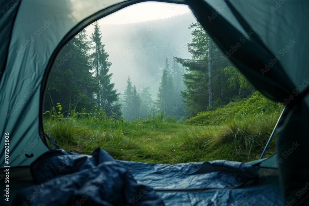 View from inside a tent on mountains landscape. Travel lifestyle concept adventure vacations outdoor