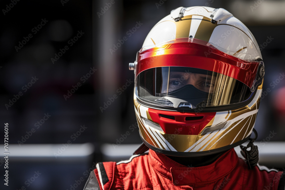 Close up photo of a racer wearing a helmet as protection Close up photo of a racer wearing a helmet as protection