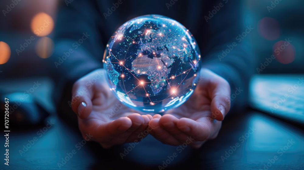 Obraz na płótnie Pair of hands holding a transparent globe with digital connections and nodes superimposed over it, representing a network, global communication w salonie