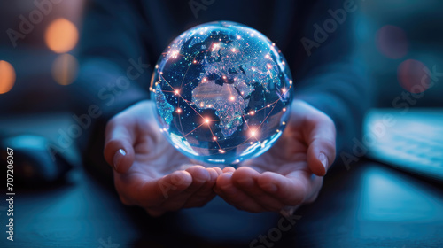 Photographie Pair of hands holding a transparent globe with digital connections and nodes sup