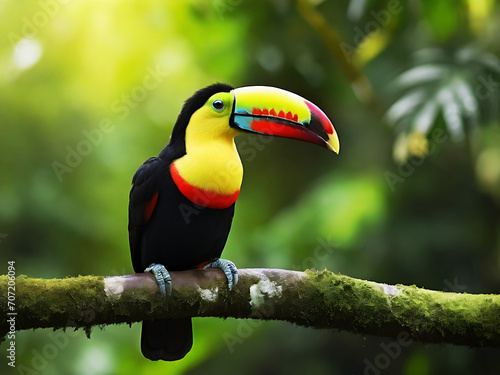 Keel-billed Toucan, Ramphastos sulfuratus, bird with big bill. Toucan sitting on the branch in the forest, Boca Tapada, green vegetation,