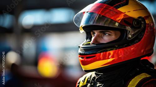 Close up photo of a racer wearing a helmet as protection © Instacraft.Studio