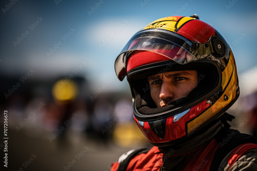 Close up photo of a racer wearing a helmet as protection Close up photo of a racer wearing a helmet as protection