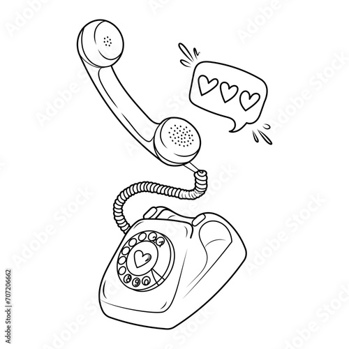 Hand drawn vector illustration of retro telephone and hearts. Romantic doodle sketch for valentine's day. 
