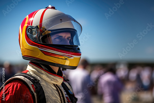 Close up photo of a racer wearing a helmet as protection © Instacraft.Studio