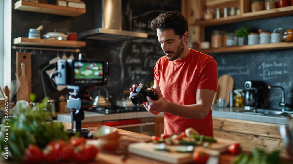 Man is focused on adjusting a camera in a home kitchen setting, with a video setup in the background, suggesting he is filming a cooking tutorial or vlog.