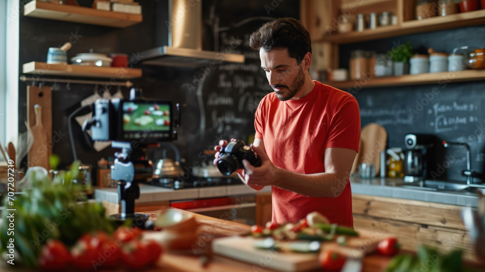Fototapeta premium Man is focused on adjusting a camera in a home kitchen setting, with a video setup in the background, suggesting he is filming a cooking tutorial or vlog.