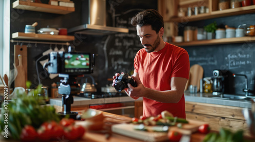 Man is focused on adjusting a camera in a home kitchen setting  with a video setup in the background  suggesting he is filming a cooking tutorial or vlog.