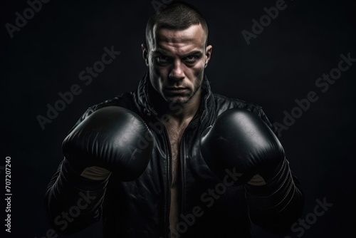 Young male boxer fighter is posing against a black background © Instacraft.Studio